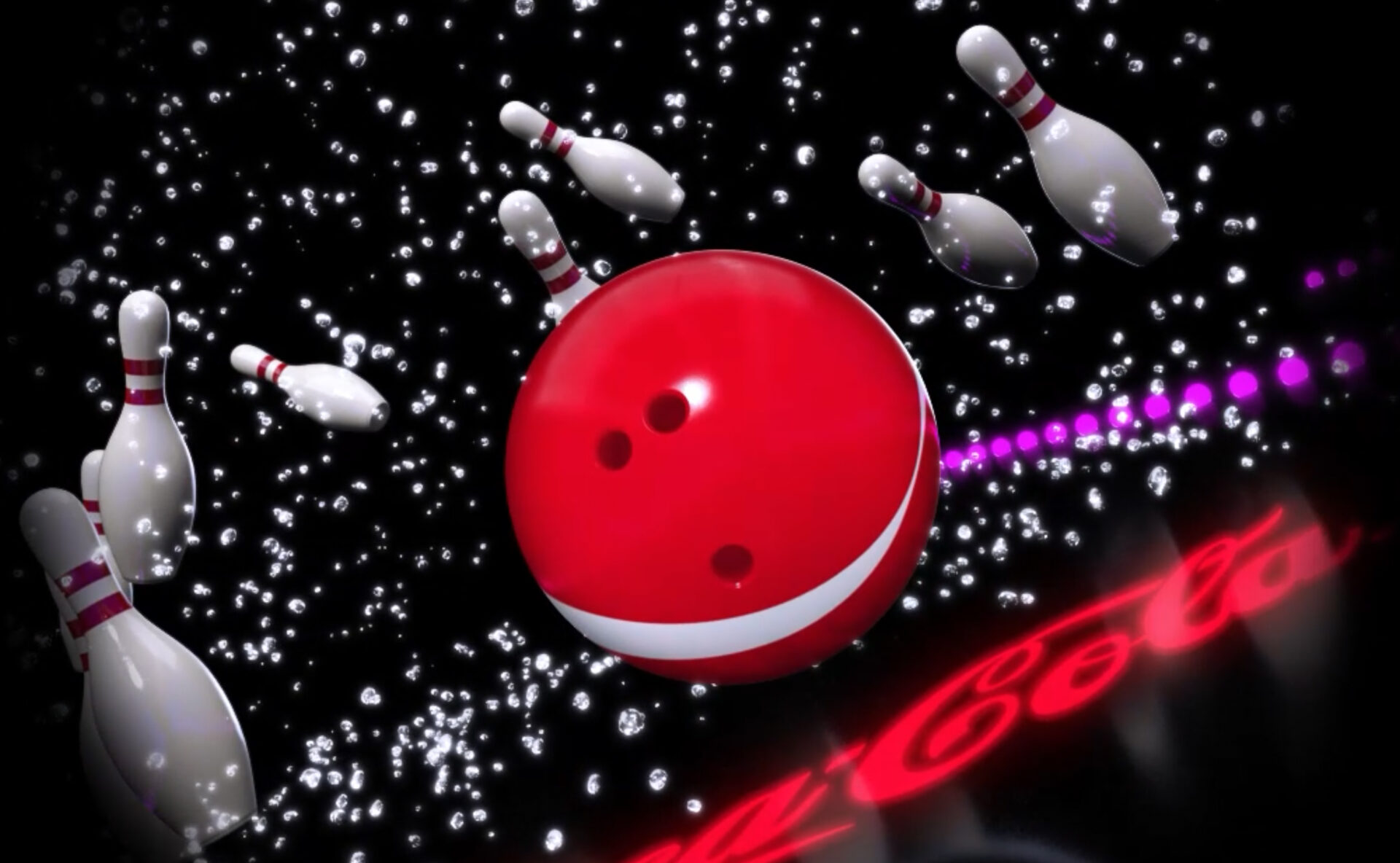 コカ・コーラの魅力をCGで表現したPR動画。3Dphantomで投影。CG動画制作,CG制作,3DCG,アニメーション,事例,実績,CG動画制作,映像制作,商品紹介動画,サービス紹介動画,会社紹介動画,事業紹介動画,採用動画,コカ・コーラを飲んでエネルギーチャージ。ボウリングでベストスコアが出る。完璧なマッチング。